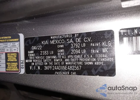 2022 Kia Forte Lxs из США, поврежденный, VIN 3KPF24ADXNE482567